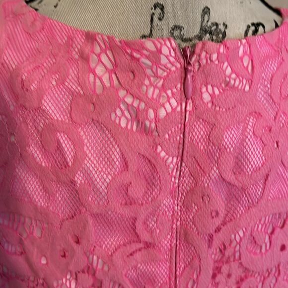 Donna Morgan Fit & Flare V-Neck Pink Lace Mixed Media Multi Floral Print Dress - Picture 11 of 15